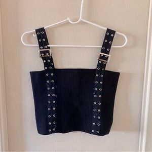 Over Kleshas Black Ribbed Fitted Crop Top with Buckle Style Straps